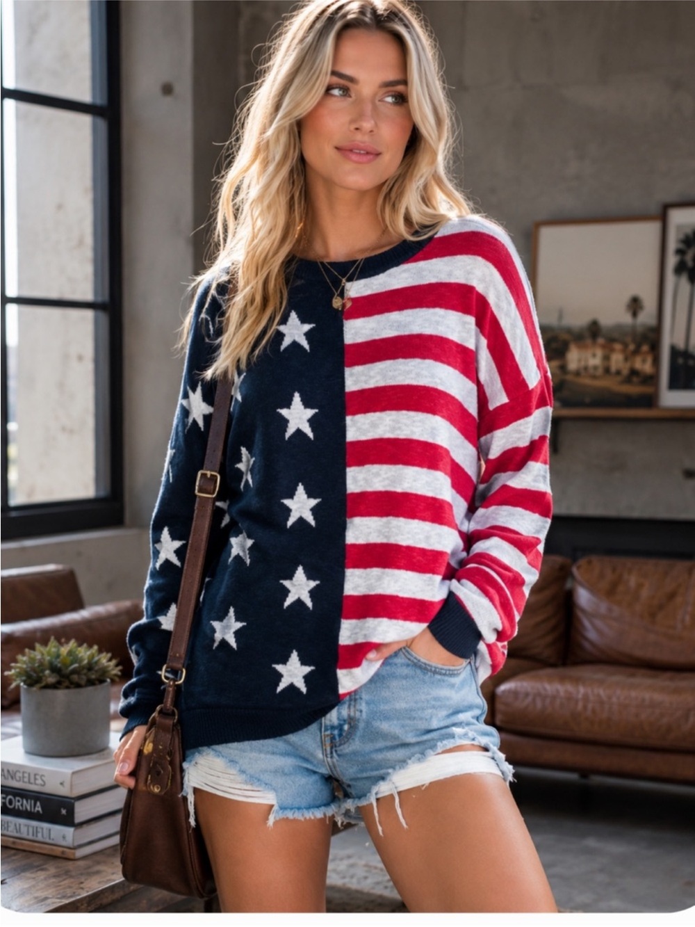 🔥STARS & STRIPES Patriotic LINEN blend Pullover Sweater Sz M Mint cond PRICEFIRM